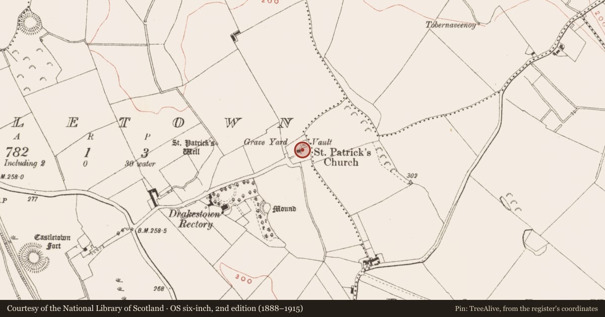Ordnance Survey six-inch map, 2nd edition (1888–1915) covering the location of Tomb - effigial, Castletown, County Meath, with a pin at the register's coordinates