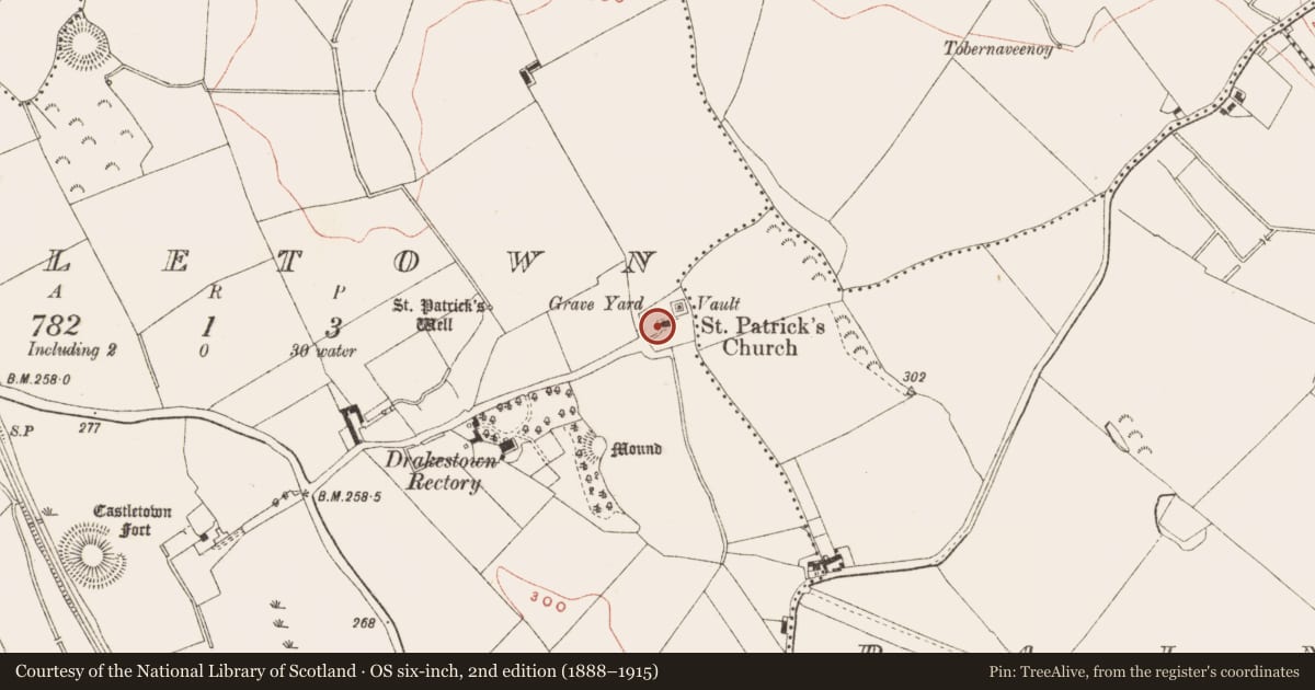 Ordnance Survey six-inch map, 2nd edition (1888–1915) covering the location of Cross-slab, Castletown, County Meath, with a pin at the register's coordinates