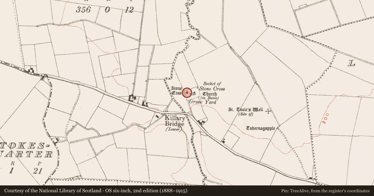 Ordnance Survey six-inch map, 2nd edition (1888–1915) covering the location of Cross - High cross, Killary, County Meath, with a pin at the register's coordinates