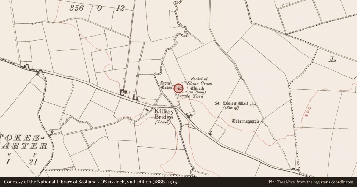 Ordnance Survey six-inch map, 2nd edition (1888–1915) covering the location of Cross-slab, Killary, County Meath, with a pin at the register's coordinates
