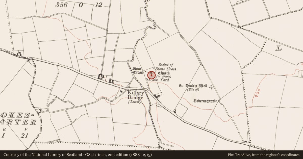 Ordnance Survey six-inch map, 2nd edition (1888–1915) covering the location of Graveslab, Killary, County Meath, with a pin at the register's coordinates