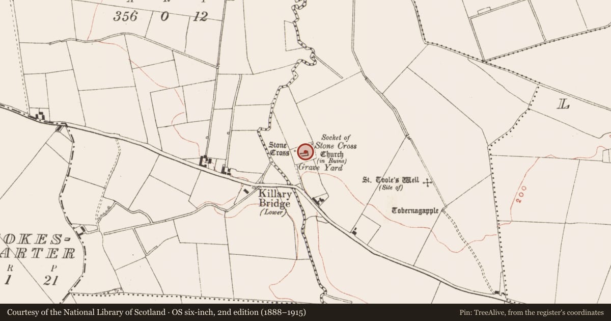 Ordnance Survey six-inch map, 2nd edition (1888–1915) covering the location of Mausoleum, Killary, County Meath, with a pin at the register's coordinates