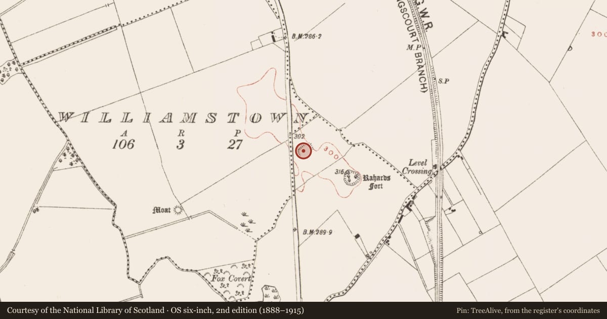 Ordnance Survey six-inch map, 2nd edition (1888–1915) covering the location of Enclosure, Drakestown, County Meath, with a pin at the register's coordinates