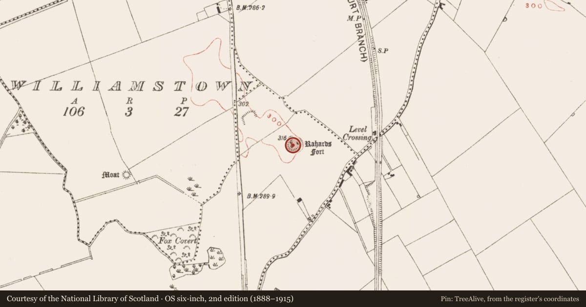 Ordnance Survey six-inch map, 2nd edition (1888–1915) covering the location of Earthwork, Drakestown, County Meath, with a pin at the register's coordinates