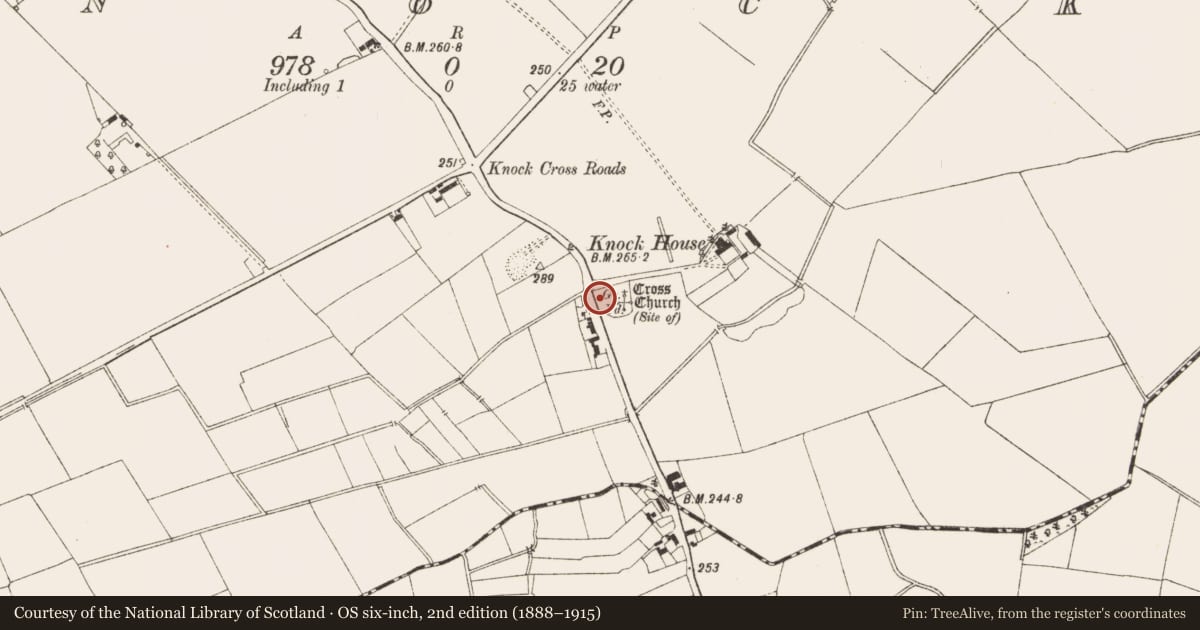 Ordnance Survey six-inch map, 2nd edition (1888–1915) covering the location of Font, Knock, County Meath, with a pin at the register's coordinates