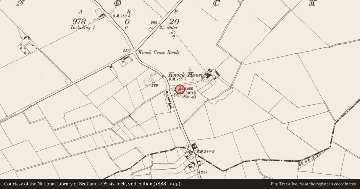 Ordnance Survey six-inch map, 2nd edition (1888–1915) covering the location of Bullaun stone, Knock, County Meath, with a pin at the register's coordinates