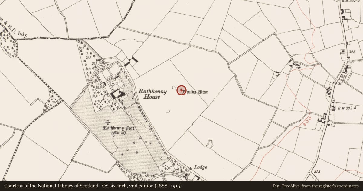 Ordnance Survey six-inch map, 2nd edition (1888–1915) covering the location of Megalithic tomb - portal tomb, Rathkenny, County Meath, with a pin at the register's coordinates