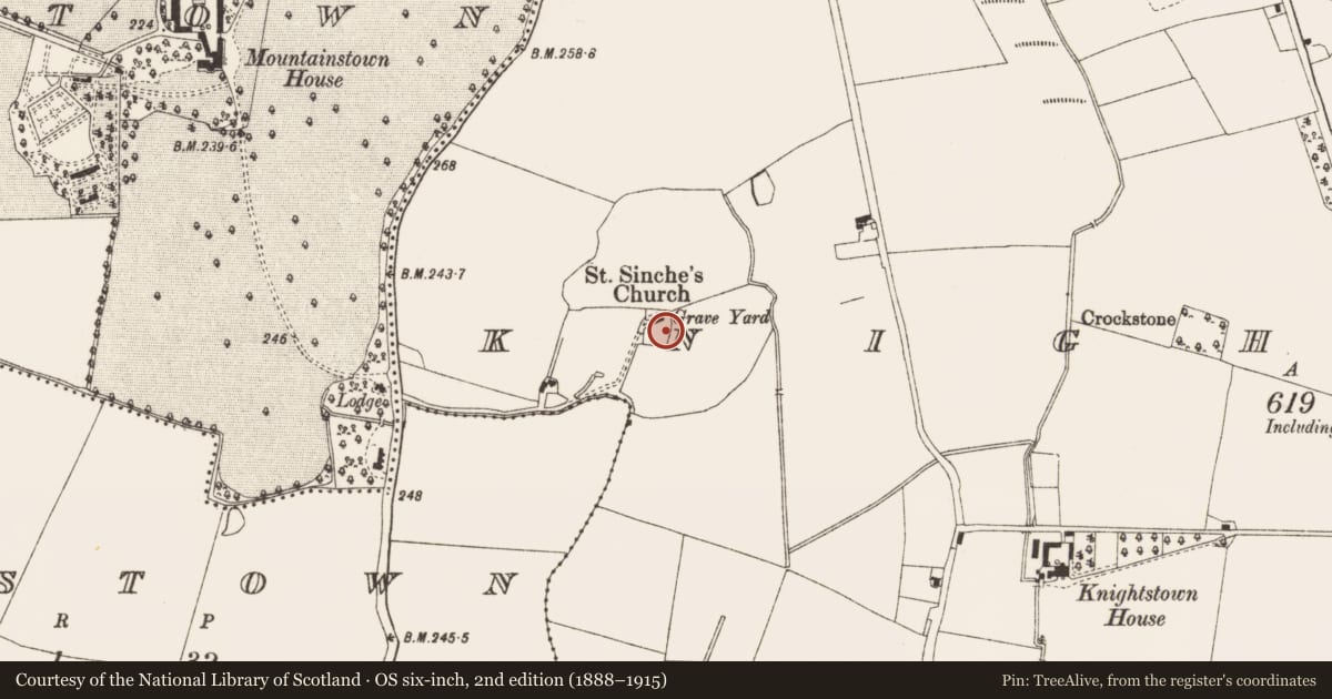Ordnance Survey six-inch map, 2nd edition (1888–1915) covering the location of Church, Knightstown, County Meath, with a pin at the register's coordinates
