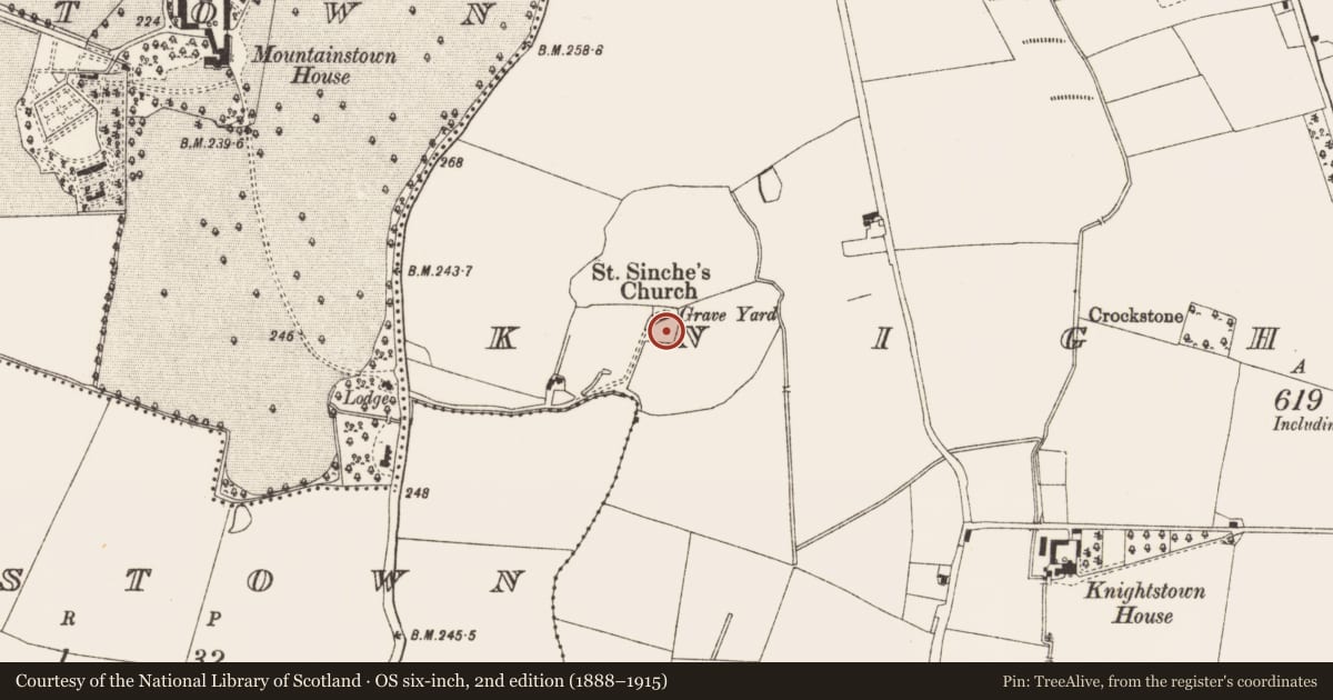 Ordnance Survey six-inch map, 2nd edition (1888–1915) covering the location of Graveyard, Knightstown, County Meath, with a pin at the register's coordinates