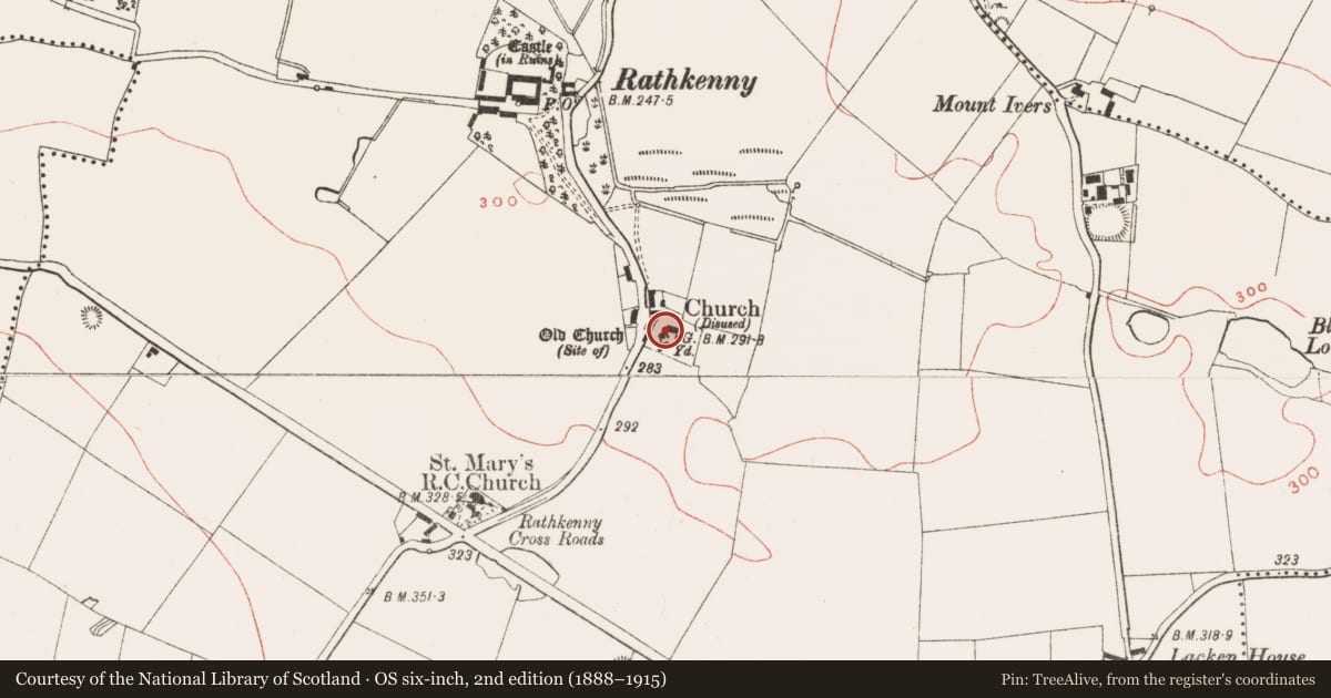 Ordnance Survey six-inch map, 2nd edition (1888–1915) covering the location of Font, Rathkenny, County Meath, with a pin at the register's coordinates