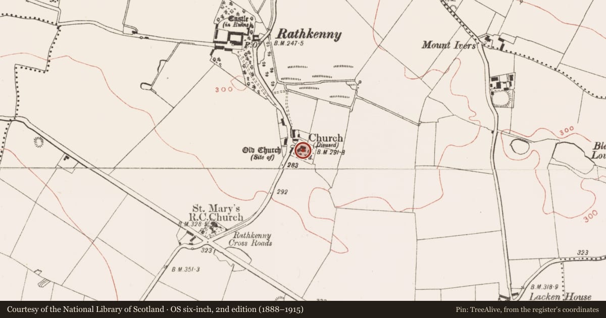 Ordnance Survey six-inch map, 2nd edition (1888–1915) covering the location of Mausoleum, Rathkenny, County Meath, with a pin at the register's coordinates