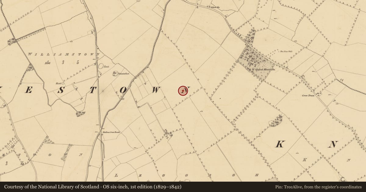 Ordnance Survey six-inch map, 1st edition (1829–1842) covering the location of Souterrain, Leggagh, County Meath, with a pin at the register's coordinates