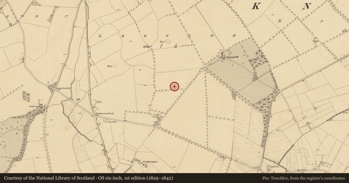 Ordnance Survey six-inch map, 1st edition (1829–1842) covering the location of Enclosure, Leggagh, County Meath, with a pin at the register's coordinates