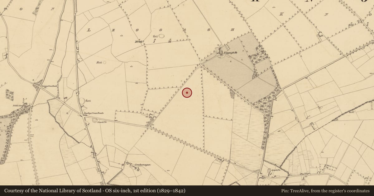 Ordnance Survey six-inch map, 1st edition (1829–1842) covering the location of Enclosure, Leggagh, County Meath, with a pin at the register's coordinates