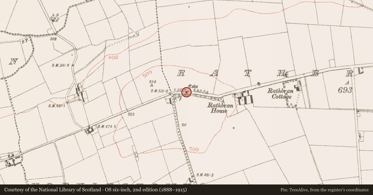 Ordnance Survey six-inch map, 2nd edition (1888–1915) covering the location of Souterrain, Rathbran More, County Meath, with a pin at the register's coordinates