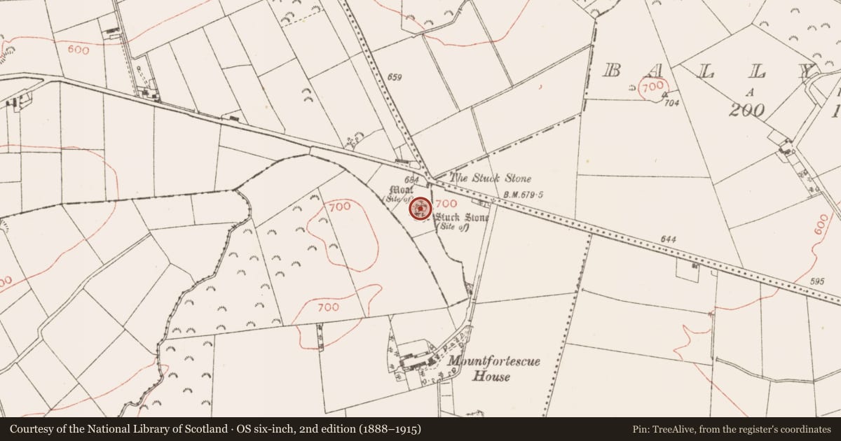 Ordnance Survey six-inch map, 2nd edition (1888–1915) covering the location of Standing stone, Hoardstown, County Meath, with a pin at the register's coordinates