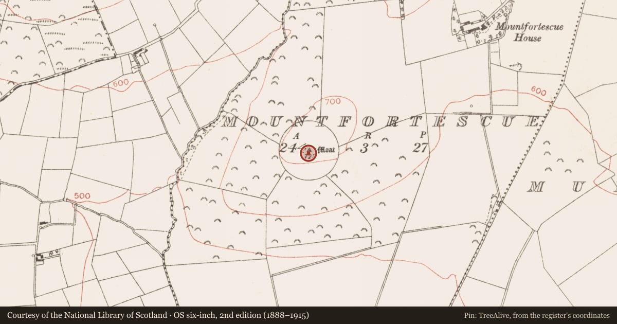 Ordnance Survey six-inch map, 2nd edition (1888–1915) covering the location of Barrow - mound barrow, Mountfortescue, County Meath, with a pin at the register's coordinates