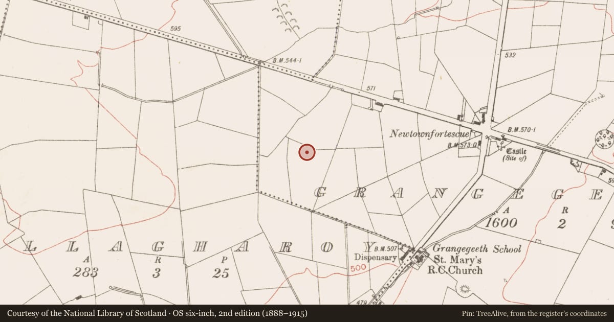 Ordnance Survey six-inch map, 2nd edition (1888–1915) covering the location of Enclosure, Grangegeeth, County Meath, with a pin at the register's coordinates