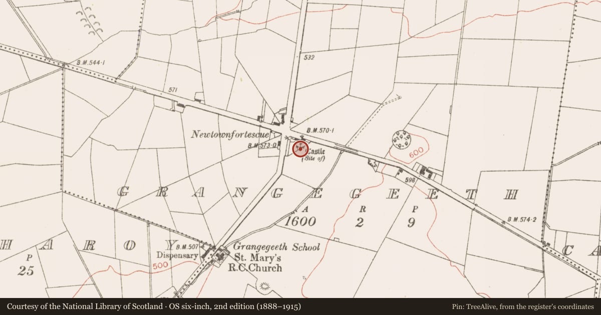 Ordnance Survey six-inch map, 2nd edition (1888–1915) covering the location of Castle - unclassified, Grangegeeth, County Meath, with a pin at the register's coordinates