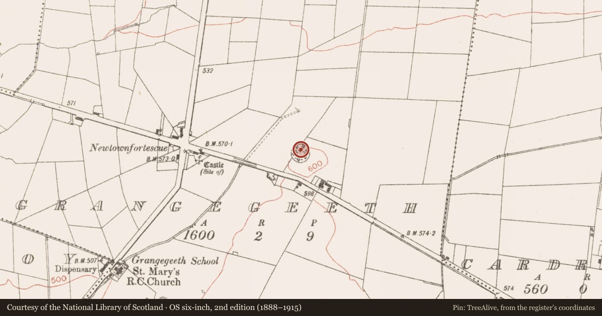 Ordnance Survey six-inch map, 2nd edition (1888–1915) covering the location of Enclosure, Grangegeeth, County Meath, with a pin at the register's coordinates