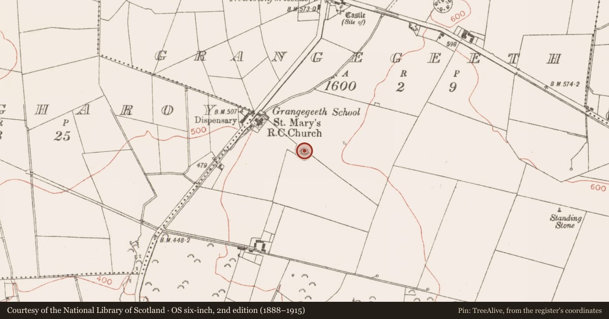 Ordnance Survey six-inch map, 2nd edition (1888–1915) covering the location of Ringfort - rath, Grangegeeth, County Meath, with a pin at the register's coordinates