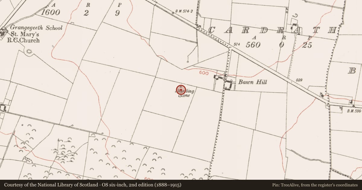 Ordnance Survey six-inch map, 2nd edition (1888–1915) covering the location of Standing stone, Grangegeeth, County Meath, with a pin at the register's coordinates