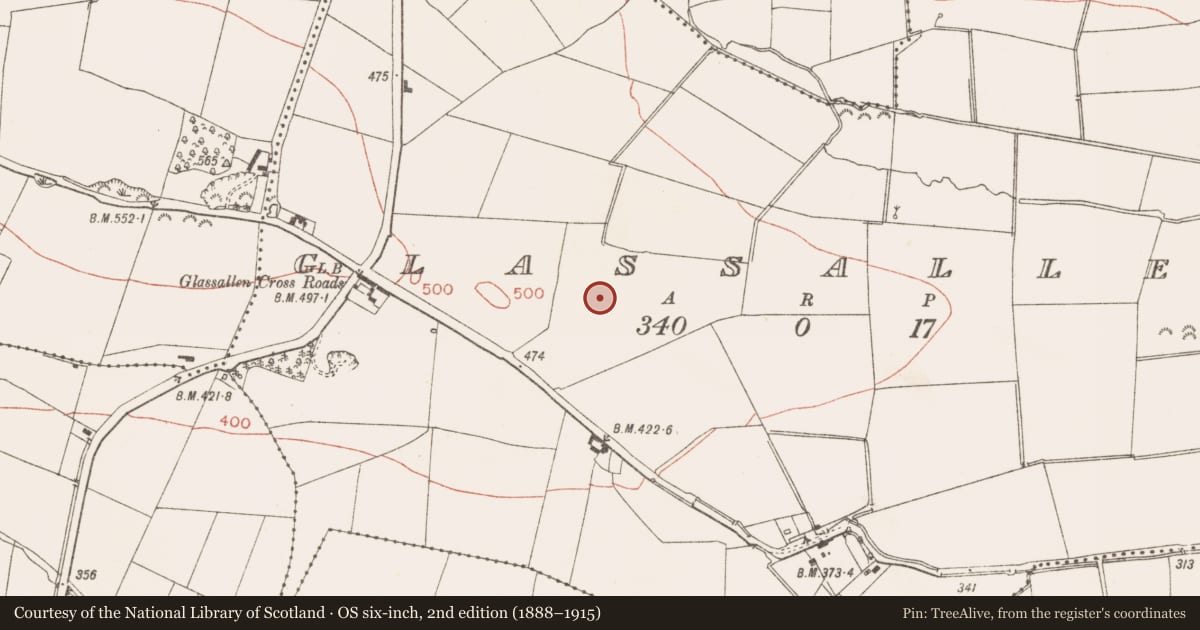 Ordnance Survey six-inch map, 2nd edition (1888–1915) covering the location of Barrow - mound barrow, Glassallen, County Meath, with a pin at the register's coordinates