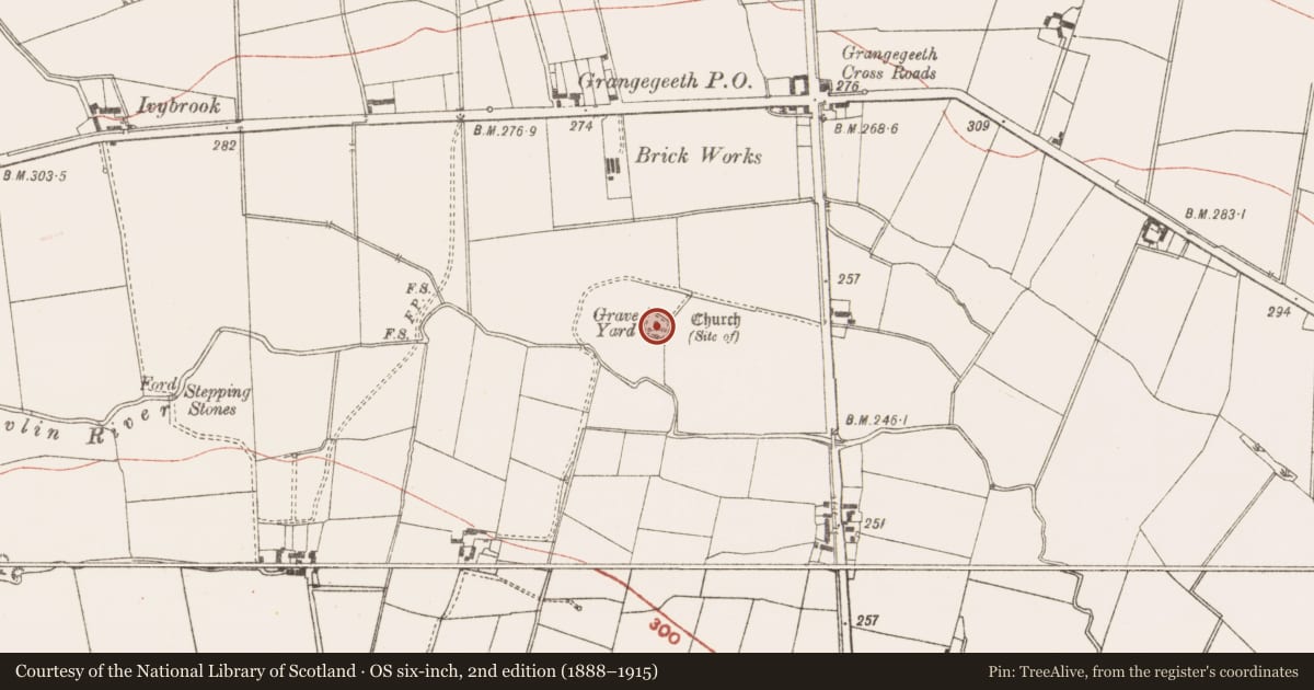 Ordnance Survey six-inch map, 2nd edition (1888–1915) covering the location of Church, Grangegeeth, County Meath, with a pin at the register's coordinates
