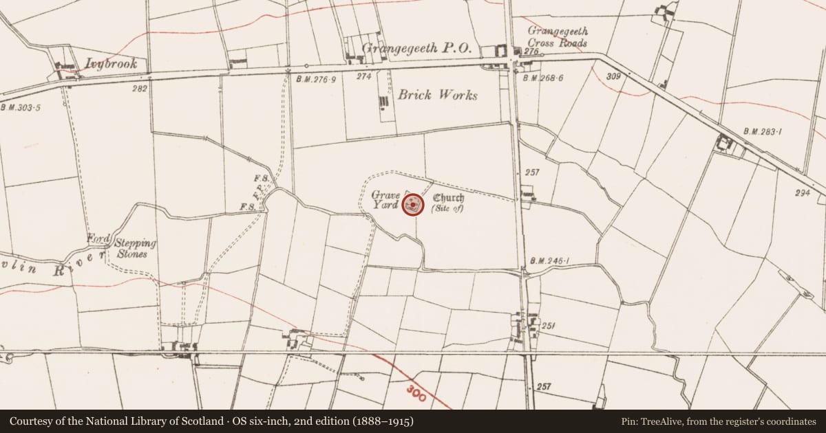 Ordnance Survey six-inch map, 2nd edition (1888–1915) covering the location of Graveyard, Grangegeeth, County Meath, with a pin at the register's coordinates