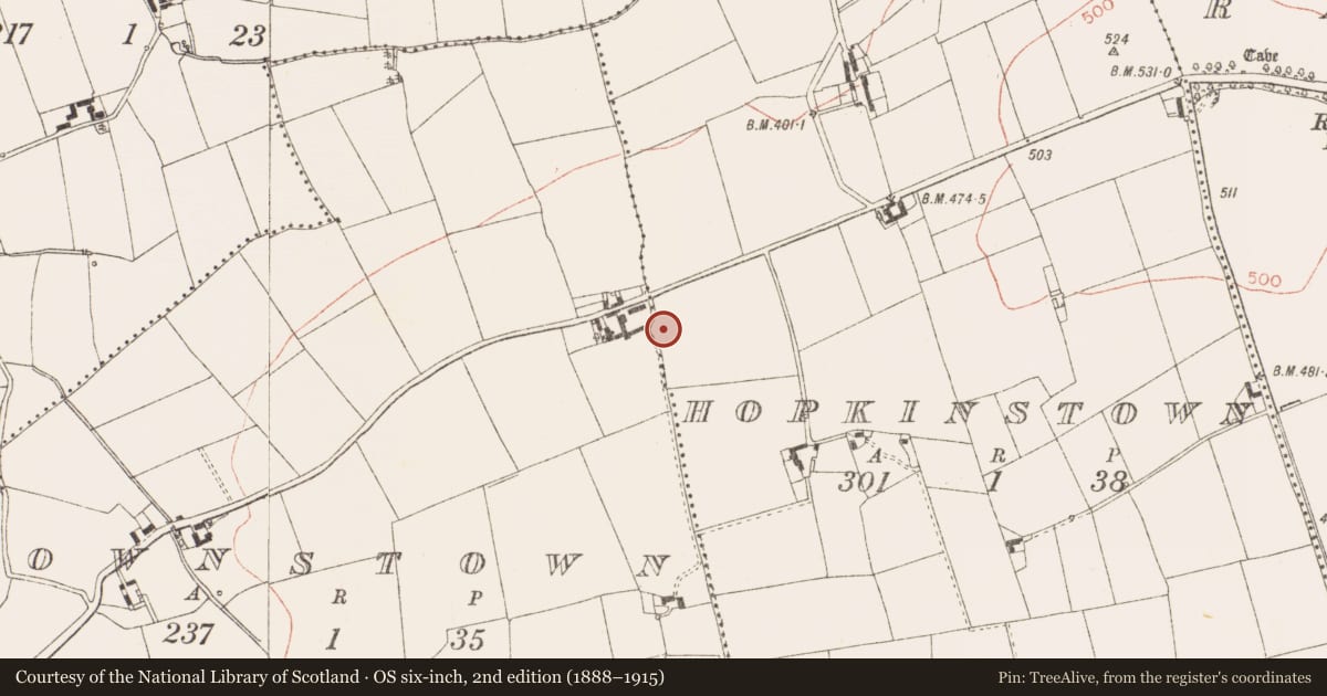 Ordnance Survey six-inch map, 2nd edition (1888–1915) covering the location of Enclosure, Hopkinstown, County Meath, with a pin at the register's coordinates