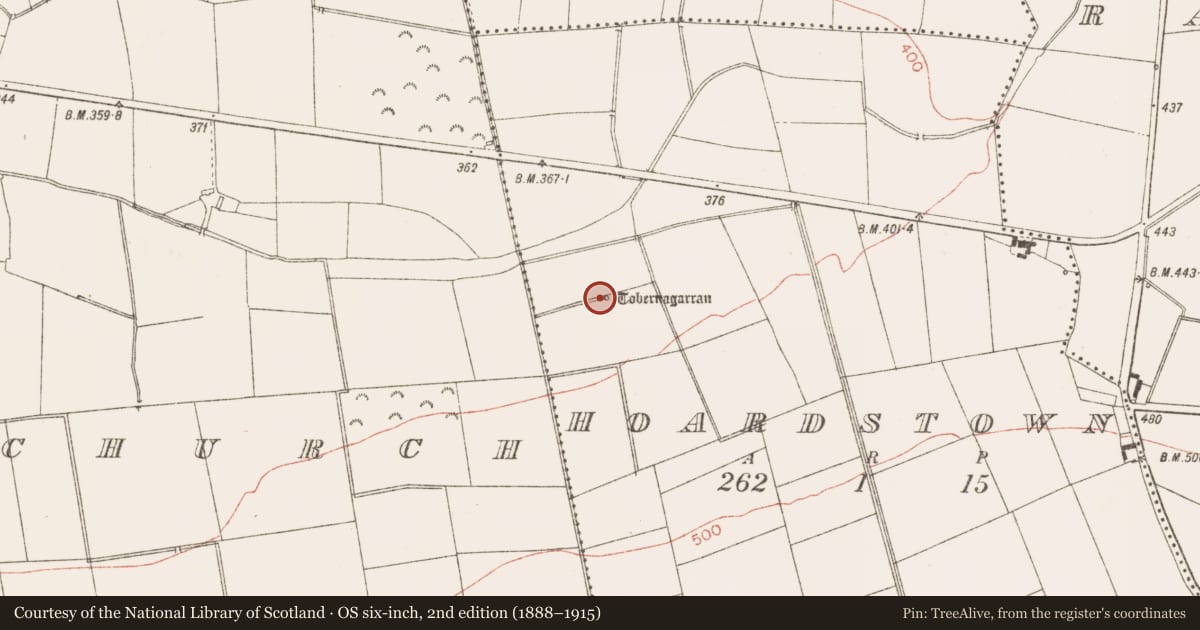 Ordnance Survey six-inch map, 2nd edition (1888–1915) covering the location of Ritual site - holy well, Hoardstown, County Meath, with a pin at the register's coordinates