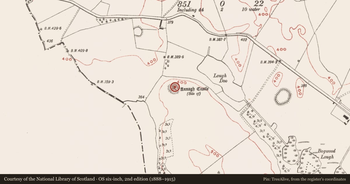 Ordnance Survey six-inch map, 2nd edition (1888–1915) covering the location of Castle - unclassified, Annagh, County Meath, with a pin at the register's coordinates