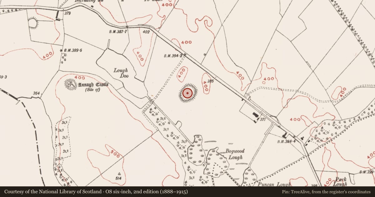 Ordnance Survey six-inch map, 2nd edition (1888–1915) covering the location of Enclosure - large enclosure, Annagh, County Meath, with a pin at the register's coordinates