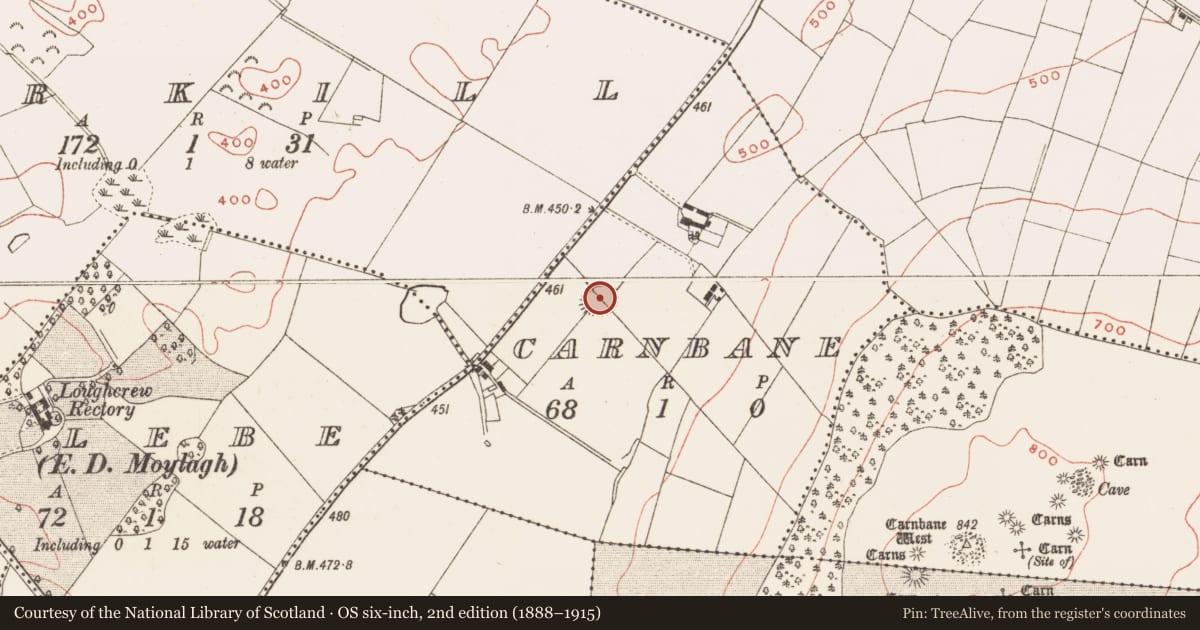 Ordnance Survey six-inch map, 2nd edition (1888–1915) covering the location of Ringfort - rath, Carnbane, County Meath, with a pin at the register's coordinates