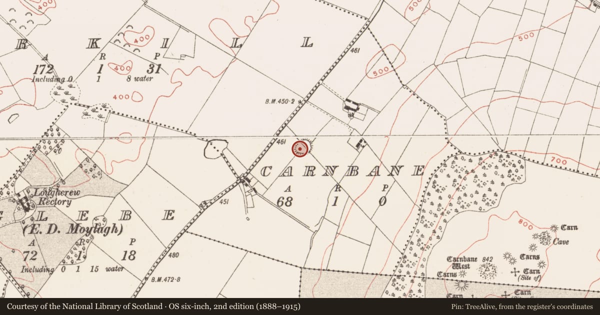 Ordnance Survey six-inch map, 2nd edition (1888–1915) covering the location of Souterrain, Carnbane, County Meath, with a pin at the register's coordinates