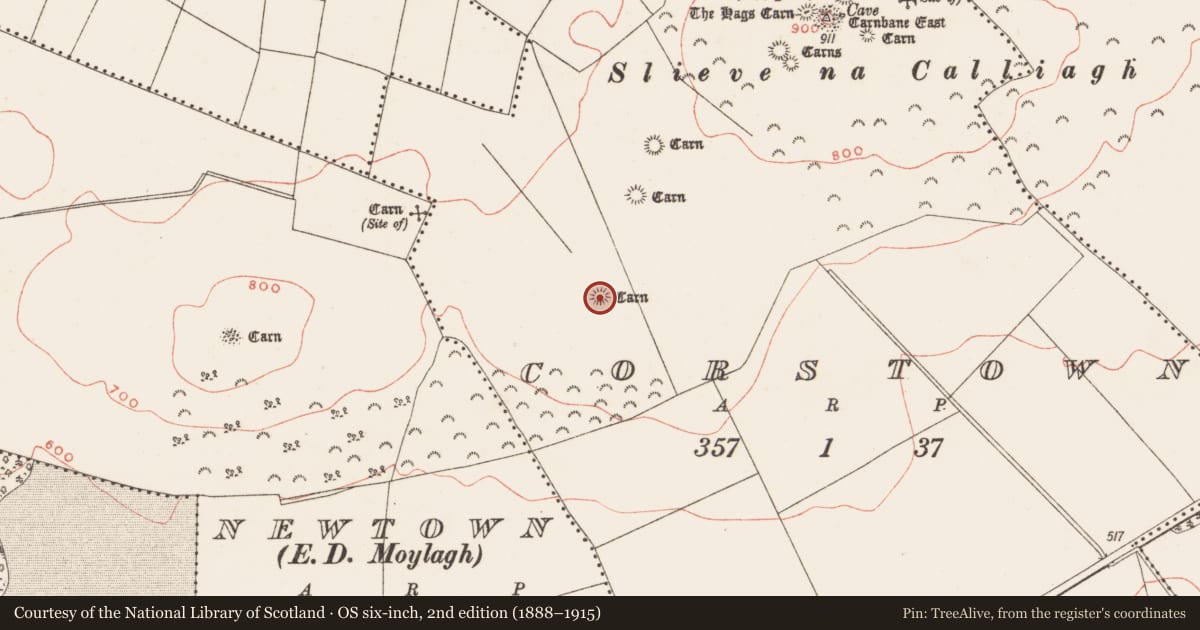 Ordnance Survey six-inch map, 2nd edition (1888–1915) covering the location of Cairn - unclassified, Corstown, County Meath, with a pin at the register's coordinates