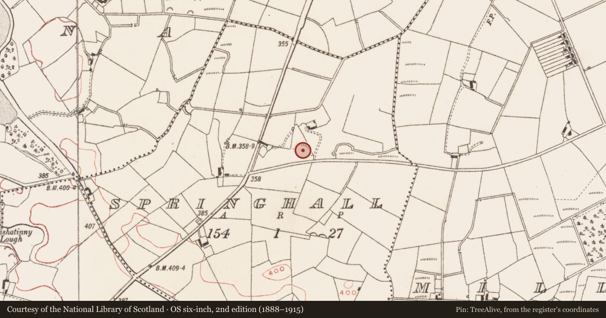 Ordnance Survey six-inch map, 2nd edition (1888–1915) covering the location of Ringfort - rath, Springhall, County Meath, with a pin at the register's coordinates