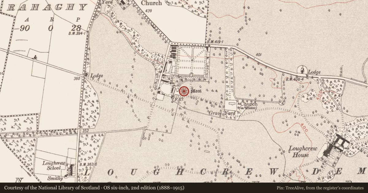 Ordnance Survey six-inch map, 2nd edition (1888–1915) covering the location of Castle - motte, Loughcrew, County Meath, with a pin at the register's coordinates
