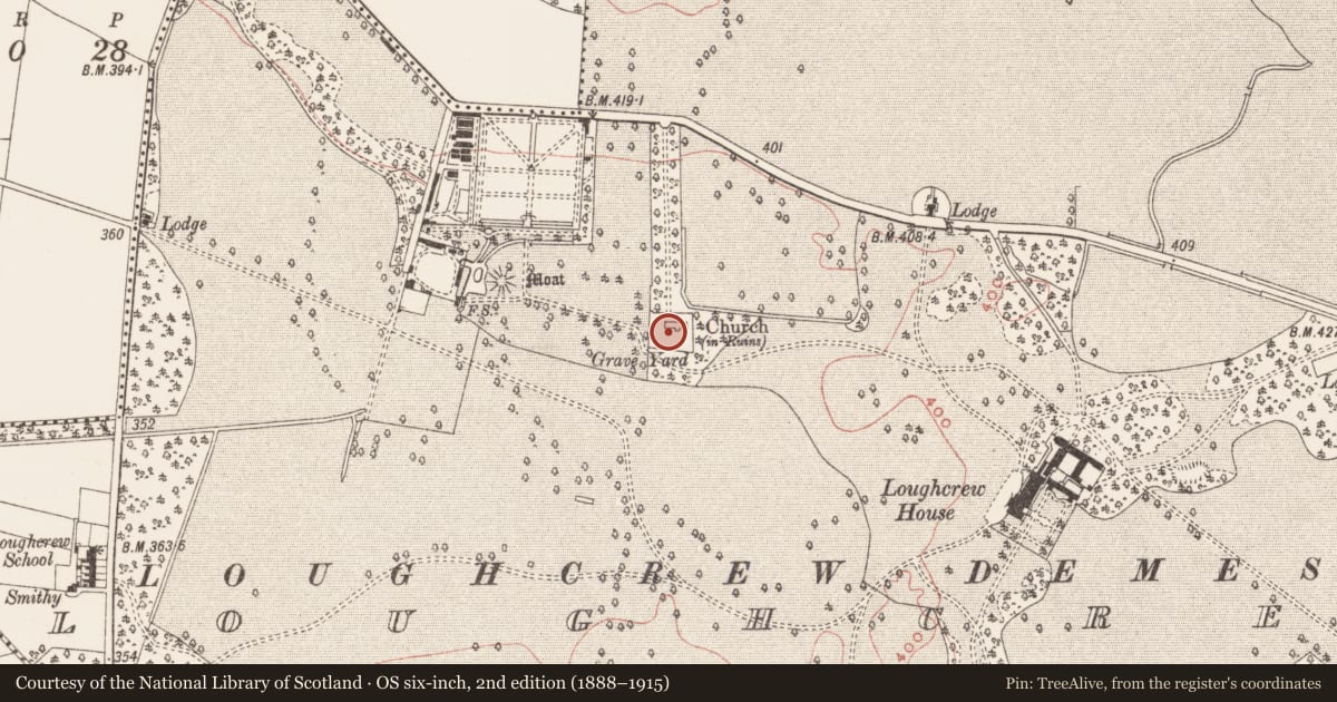 Ordnance Survey six-inch map, 2nd edition (1888–1915) covering the location of Graveyard, Loughcrew, County Meath, with a pin at the register's coordinates