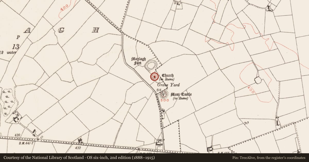 Ordnance Survey six-inch map, 2nd edition (1888–1915) covering the location of Church, Moylagh, County Meath, with a pin at the register's coordinates