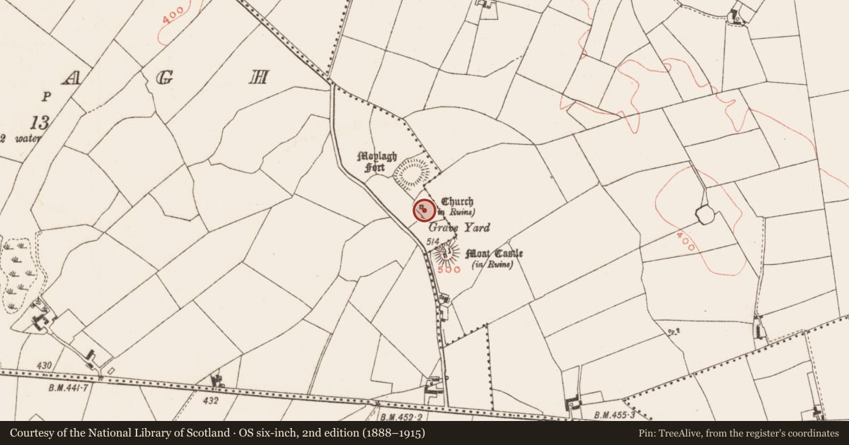 Ordnance Survey six-inch map, 2nd edition (1888–1915) covering the location of Graveyard, Moylagh, County Meath, with a pin at the register's coordinates