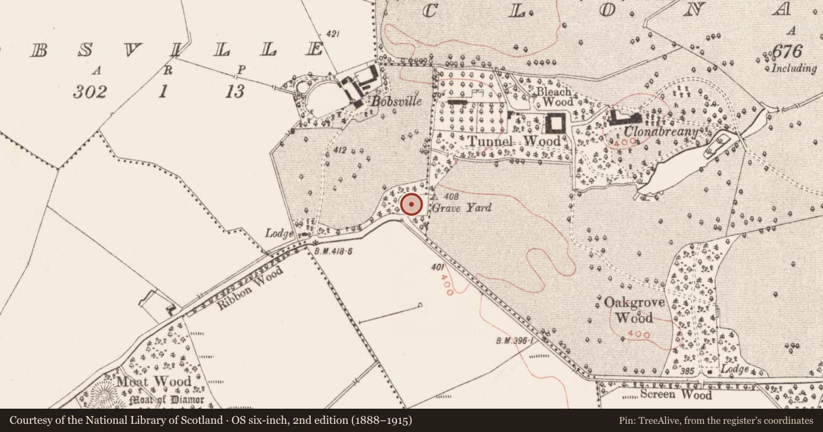 Ordnance Survey six-inch map, 2nd edition (1888–1915) covering the location of Church, Bobsville, County Meath, with a pin at the register's coordinates