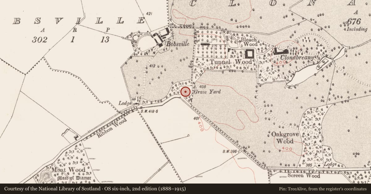 Ordnance Survey six-inch map, 2nd edition (1888–1915) covering the location of Graveyard, Bobsville, Clonabreany, County Meath, with a pin at the register's coordinates