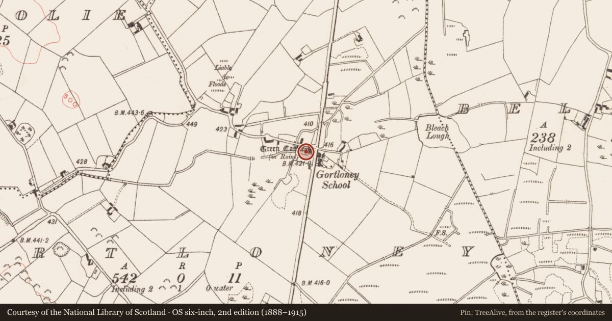 Ordnance Survey six-inch map, 2nd edition (1888–1915) covering the location of Castle - unclassified, Gortloney, County Meath, with a pin at the register's coordinates