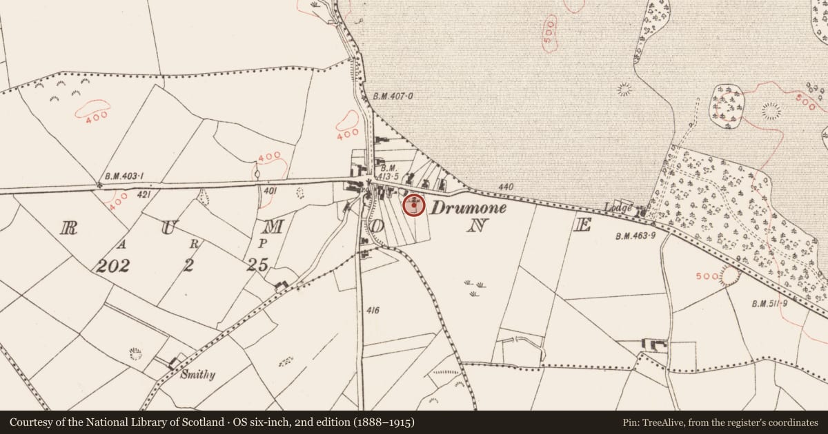 Ordnance Survey six-inch map, 2nd edition (1888–1915) covering the location of Burial ground, Drumone, County Meath, with a pin at the register's coordinates