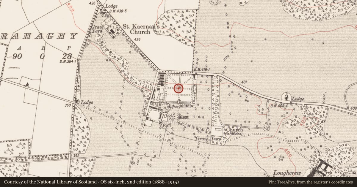 Ordnance Survey six-inch map, 2nd edition (1888–1915) covering the location of Walled garden, Loughcrew, County Meath, with a pin at the register's coordinates