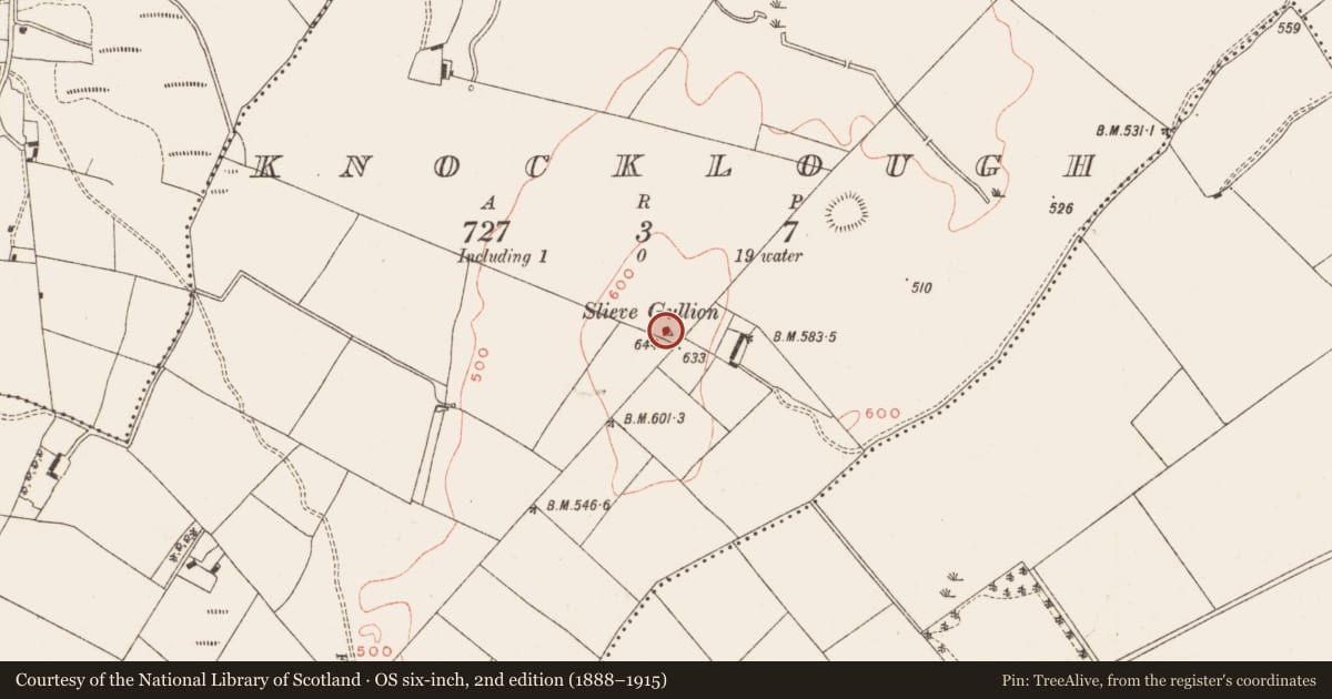 Ordnance Survey six-inch map, 2nd edition (1888–1915) covering the location of Barrow - ditch barrow, Knocklough, County Meath, with a pin at the register's coordinates