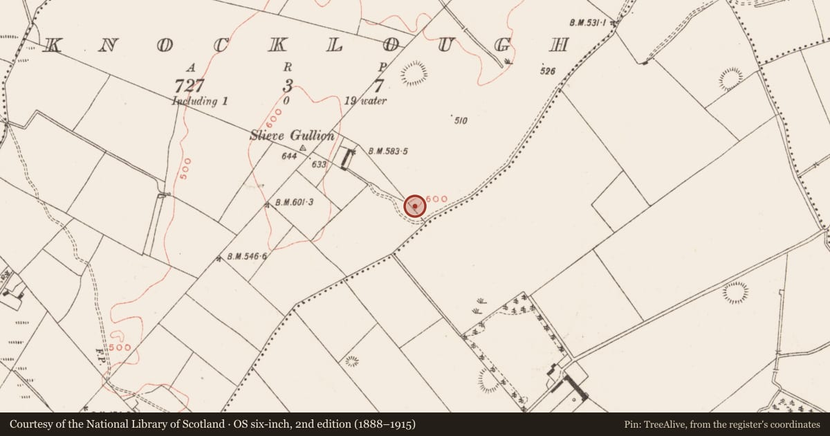Ordnance Survey six-inch map, 2nd edition (1888–1915) covering the location of Barrow - ditch barrow, Knocklough, County Meath, with a pin at the register's coordinates