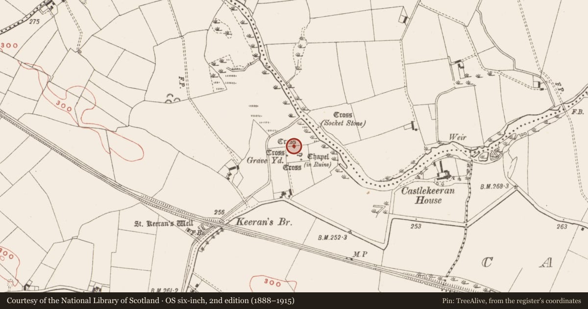 Ordnance Survey six-inch map, 2nd edition (1888–1915) covering the location of Cross - High cross, Castlekeeran, County Meath, with a pin at the register's coordinates