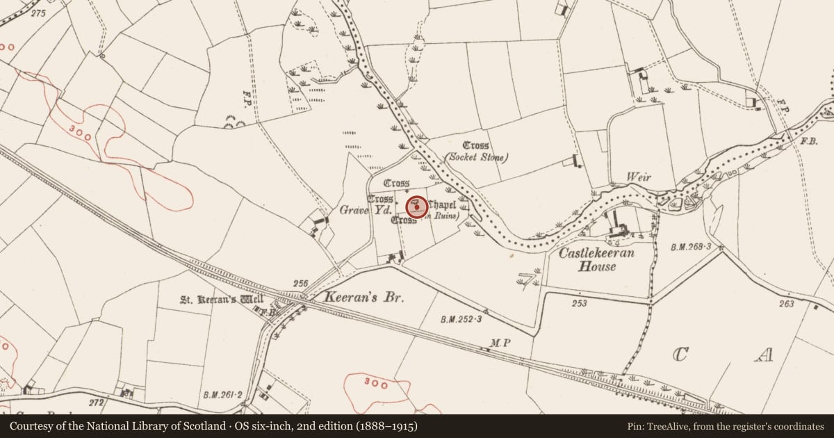 Ordnance Survey six-inch map, 2nd edition (1888–1915) covering the location of Cross - High cross, Castlekeeran, County Meath, with a pin at the register's coordinates